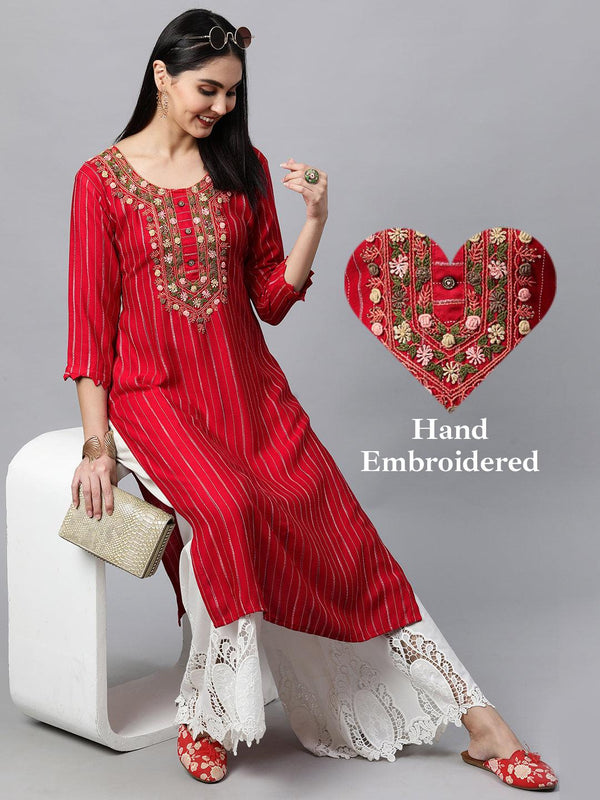 Striped & Hand Embroidered Straight Kurta - Bright Red - Indiakreations