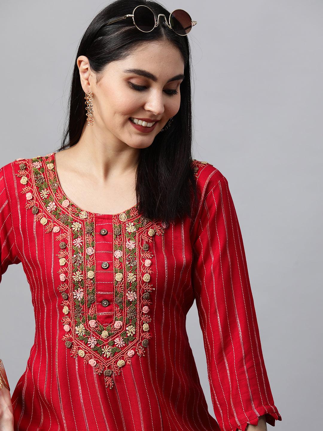 Striped & Hand Embroidered Straight Kurta - Bright Red - Indiakreations