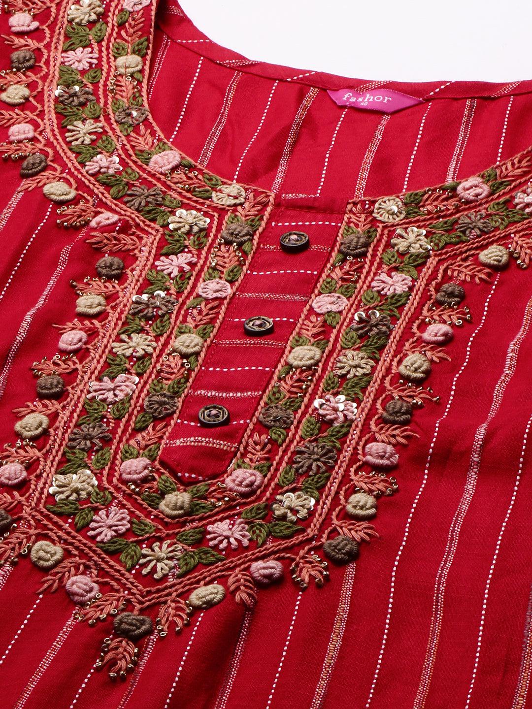 Striped & Hand Embroidered Straight Kurta - Bright Red - Indiakreations