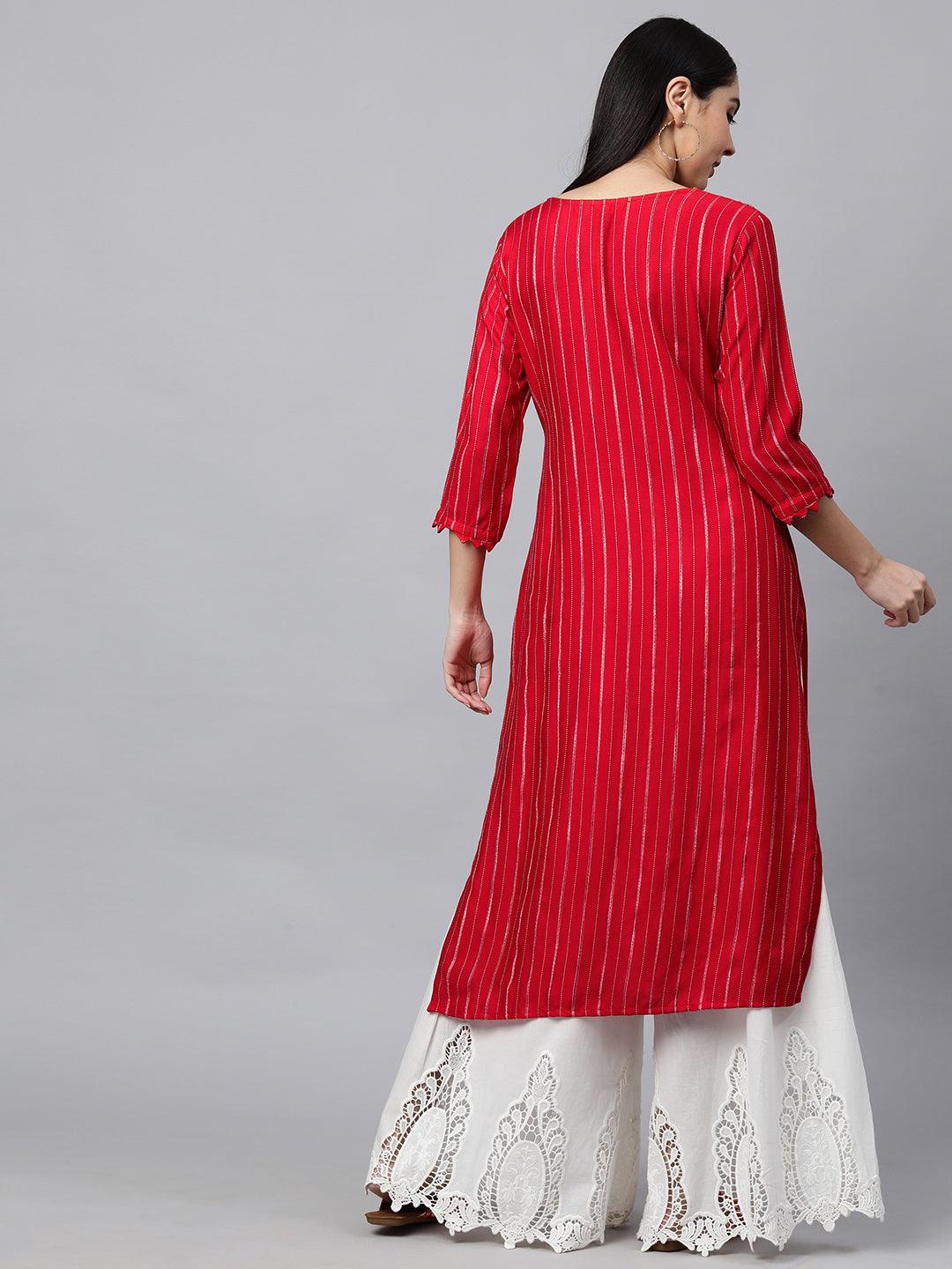 Striped & Hand Embroidered Straight Kurta - Bright Red - Indiakreations