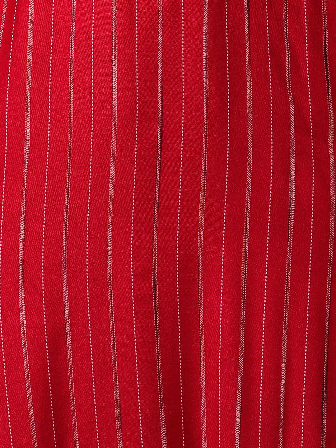 Striped & Hand Embroidered Straight Kurta - Bright Red - Indiakreations