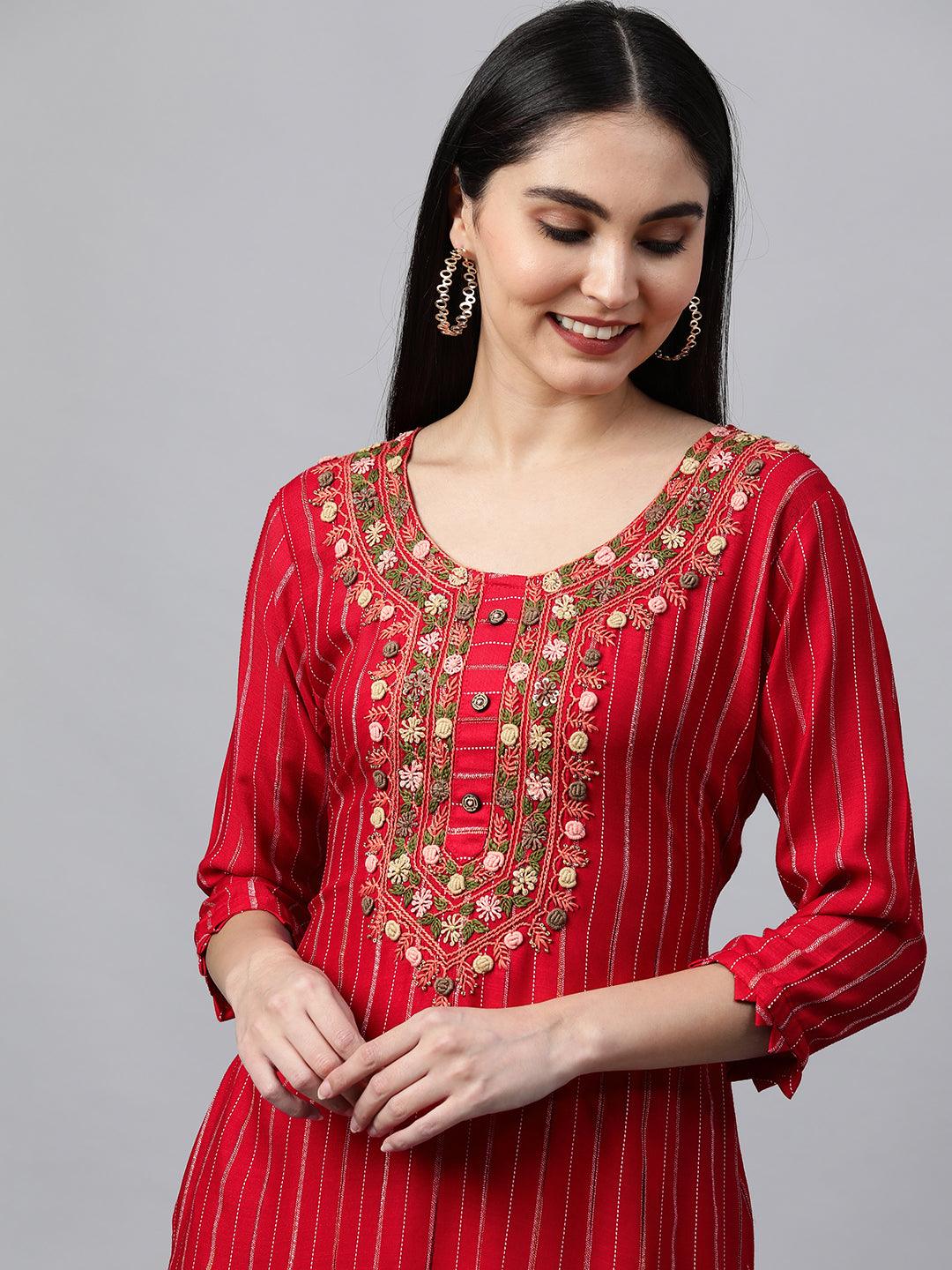 Striped & Hand Embroidered Straight Kurta - Bright Red - Indiakreations