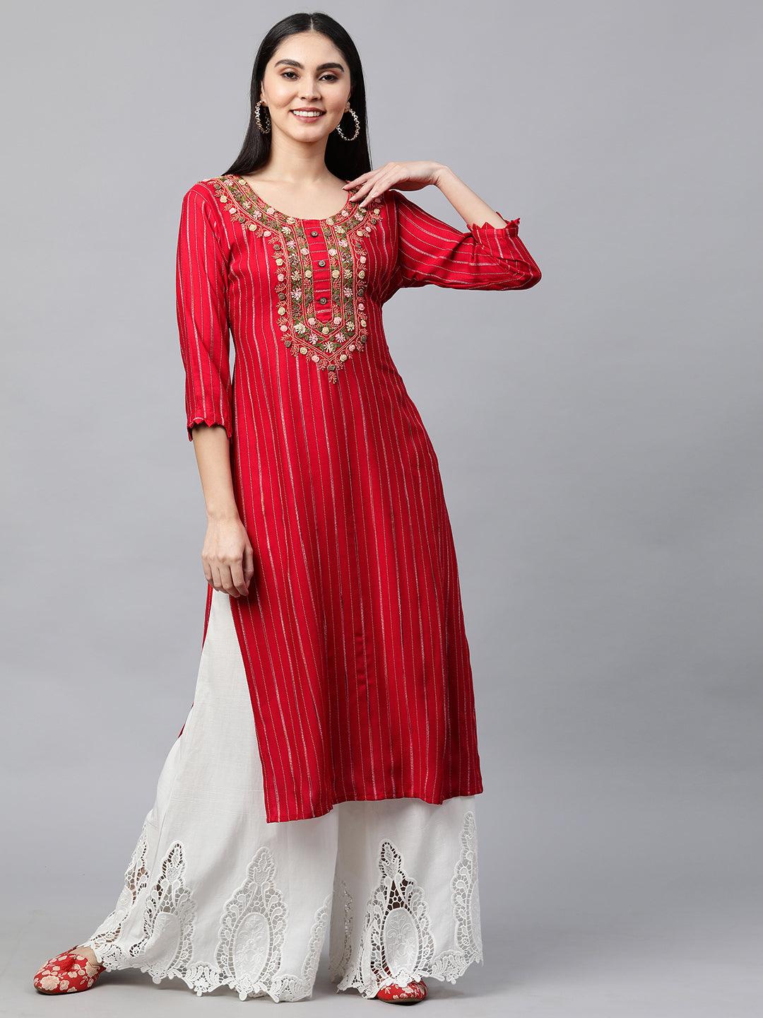 Striped & Hand Embroidered Straight Kurta - Bright Red - Indiakreations