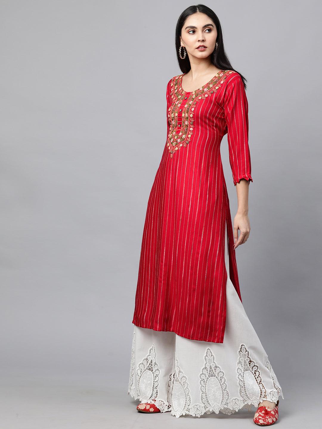 Striped & Hand Embroidered Straight Kurta - Bright Red - Indiakreations