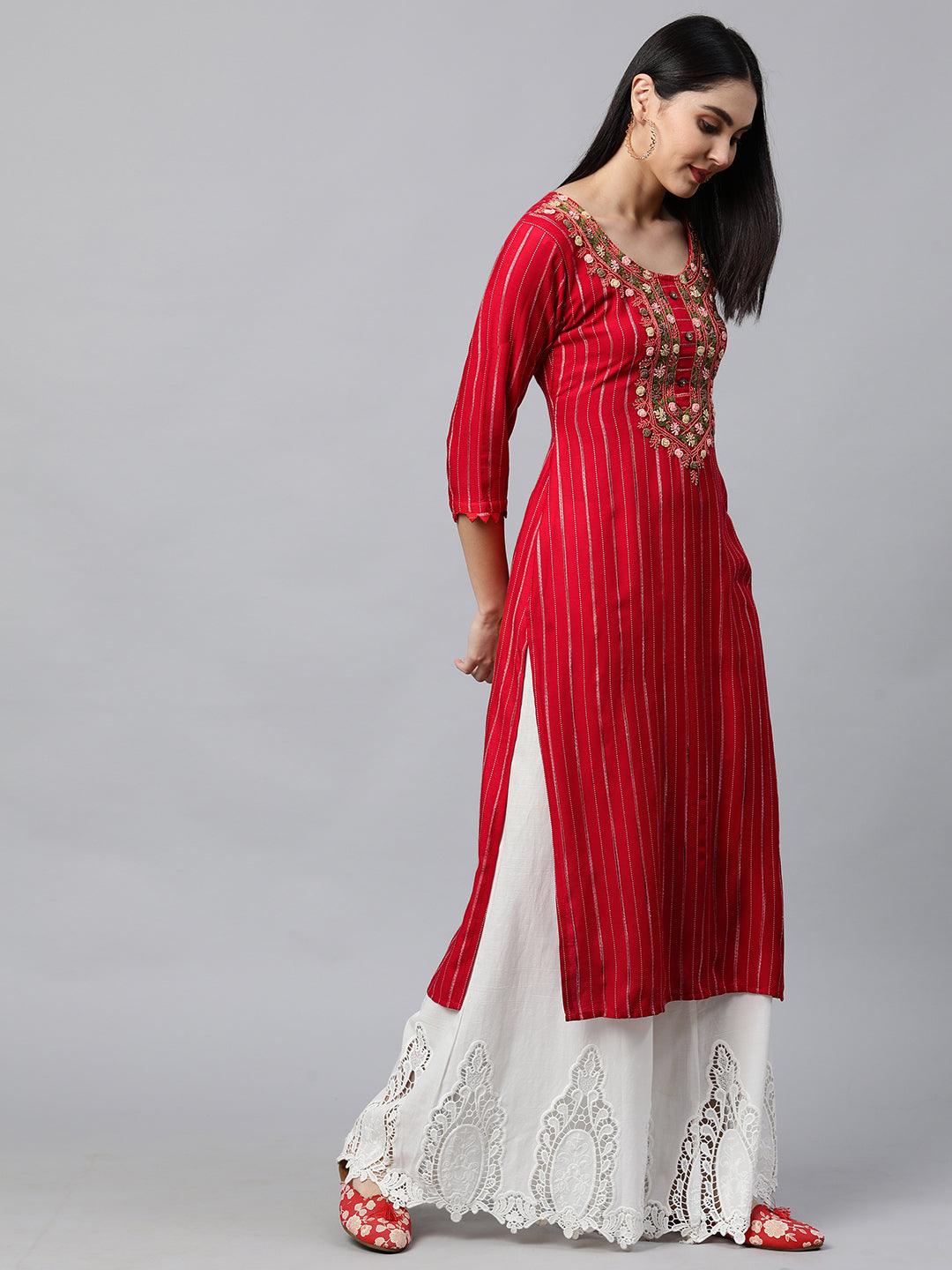 Striped & Hand Embroidered Straight Kurta - Bright Red - Indiakreations