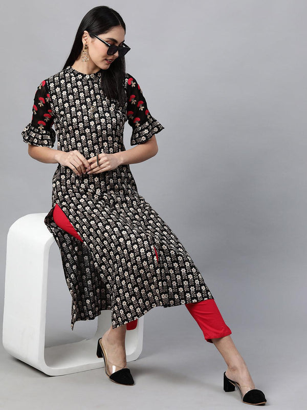 Floral Printed Kurta with Contrast Pant - Black - Indiakreations