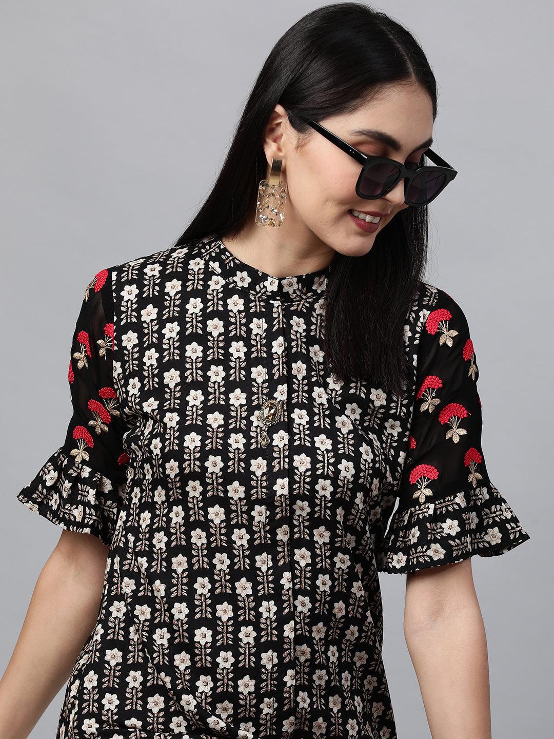 Floral Printed Kurta with Contrast Pant - Black - Indiakreations