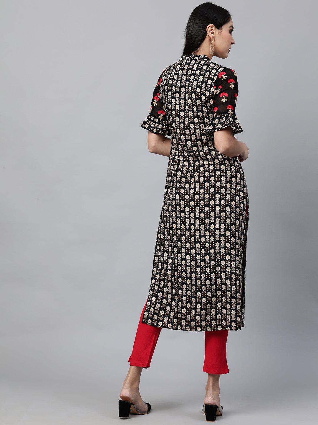 Floral Printed Kurta with Contrast Pant - Black - Indiakreations