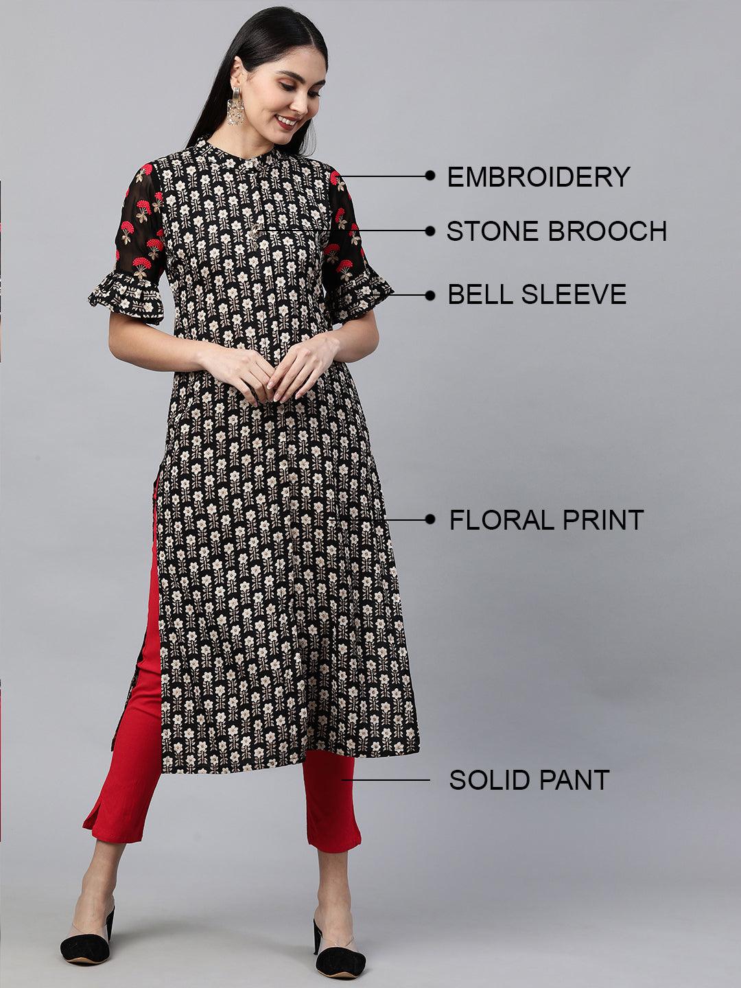 Floral Printed Kurta with Contrast Pant - Black - Indiakreations