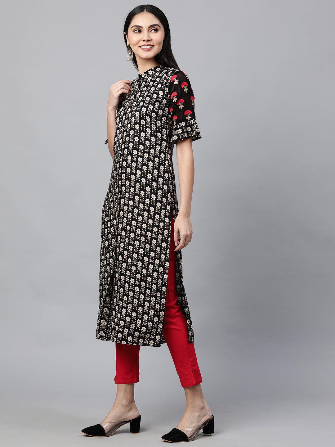 Floral Printed Kurta with Contrast Pant - Black - Indiakreations