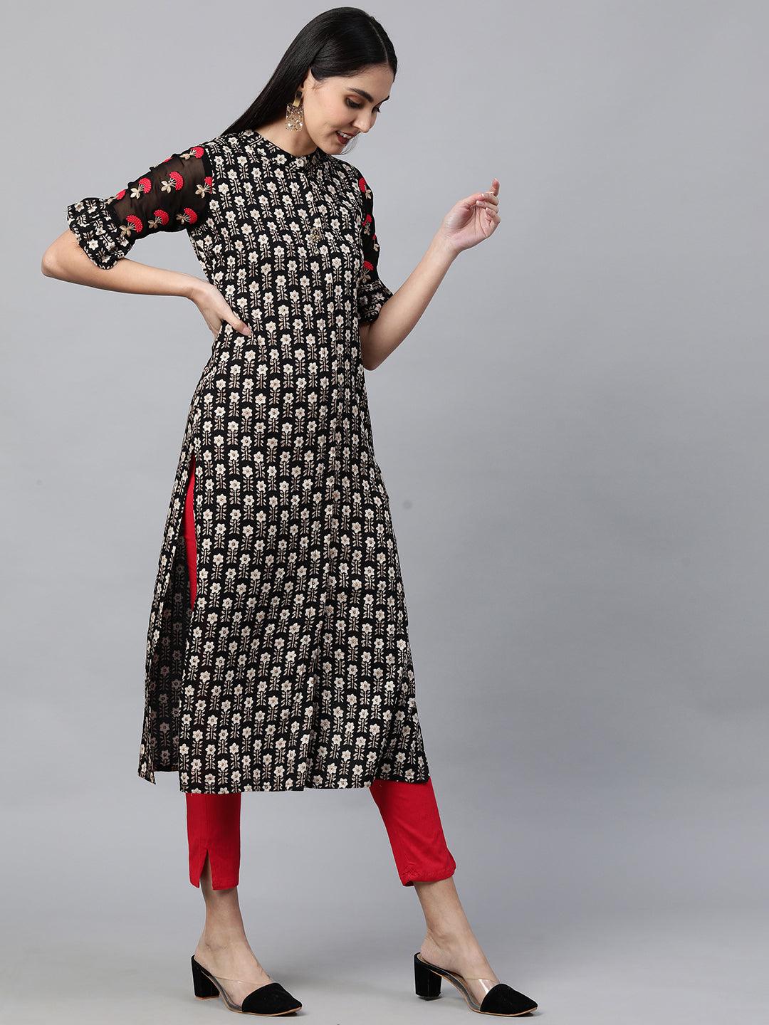 Floral Printed Kurta with Contrast Pant - Black - Indiakreations