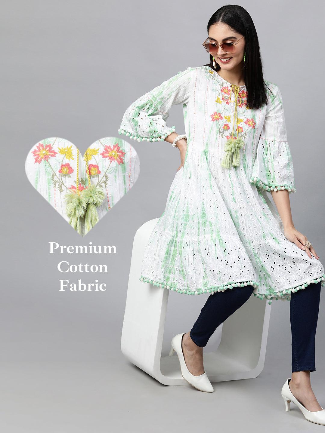 Cutwork & Floral Embroidered Tiered Kurti – White - Indiakreations