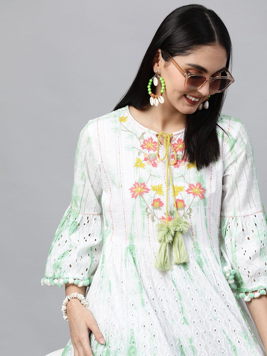 Cutwork & Floral Embroidered Tiered Kurti – White - Indiakreations