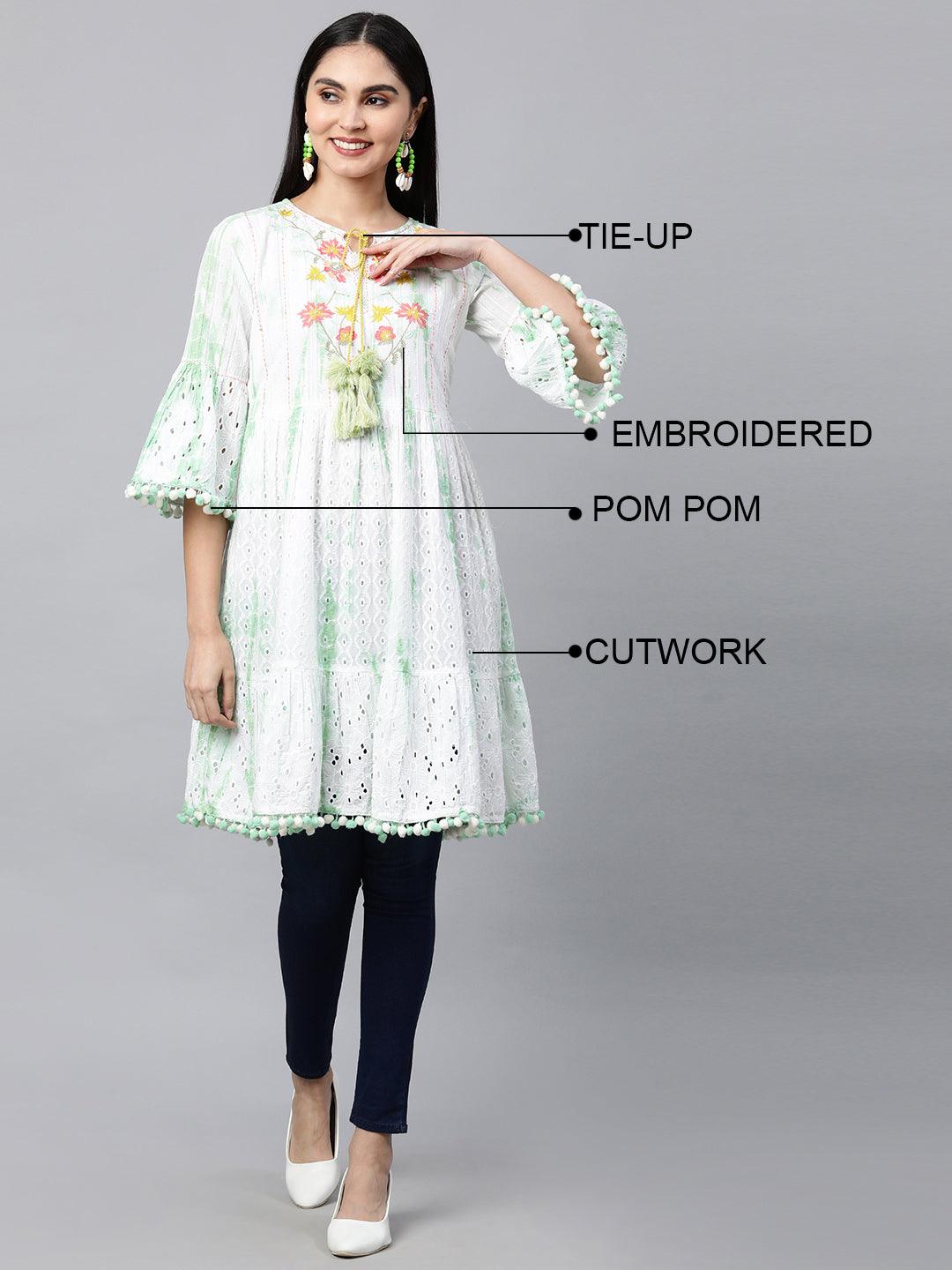 Cutwork & Floral Embroidered Tiered Kurti – White - Indiakreations