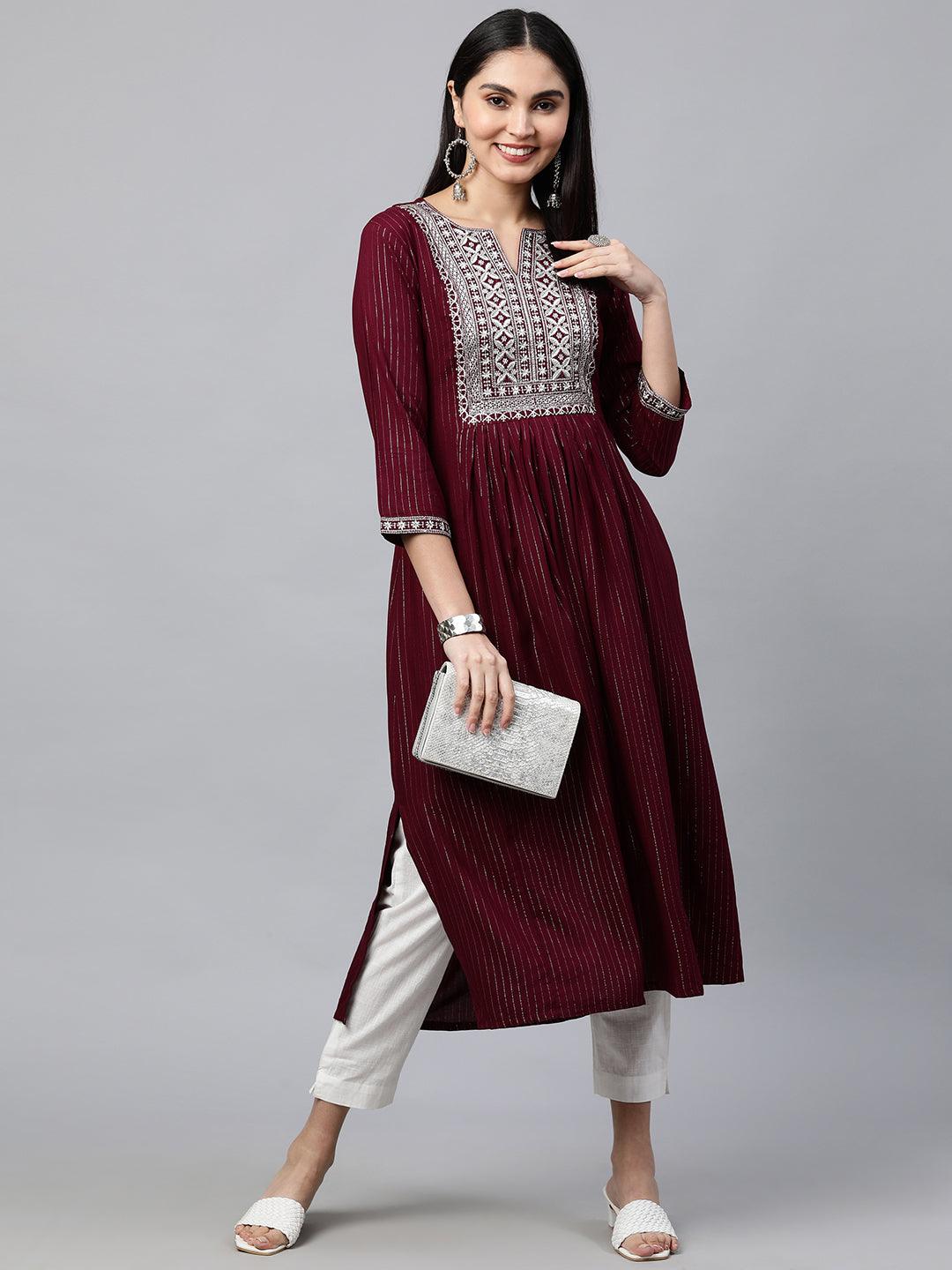 Ethnic Zari Embroidered Lurex Striped Kurta - Burgundy - Indiakreations