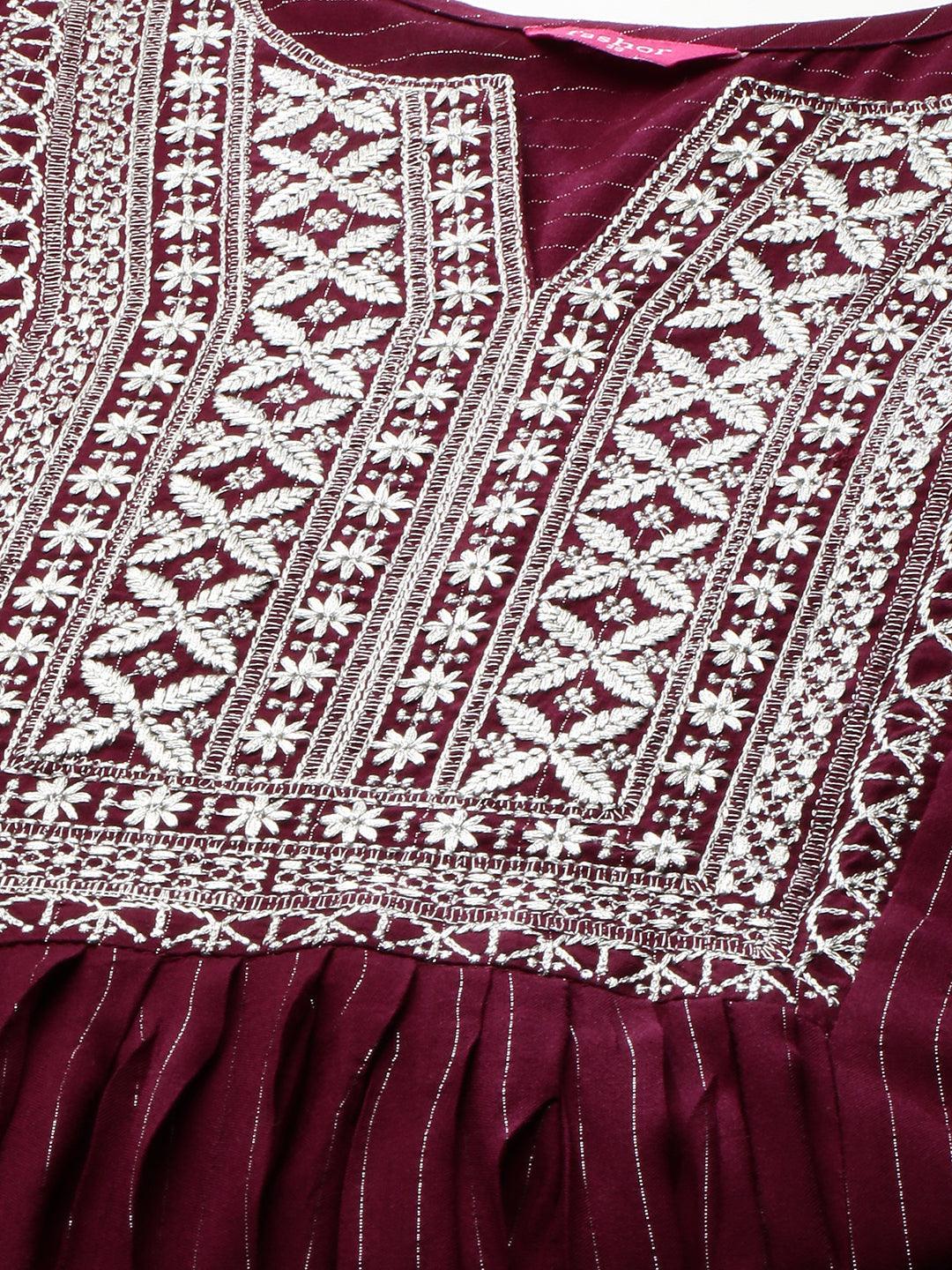 Ethnic Zari Embroidered Lurex Striped Kurta - Burgundy - Indiakreations