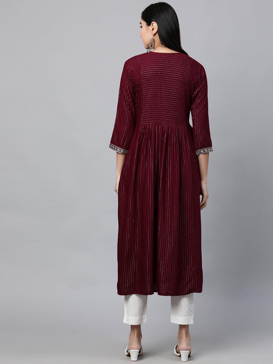 Ethnic Zari Embroidered Lurex Striped Kurta - Burgundy - Indiakreations