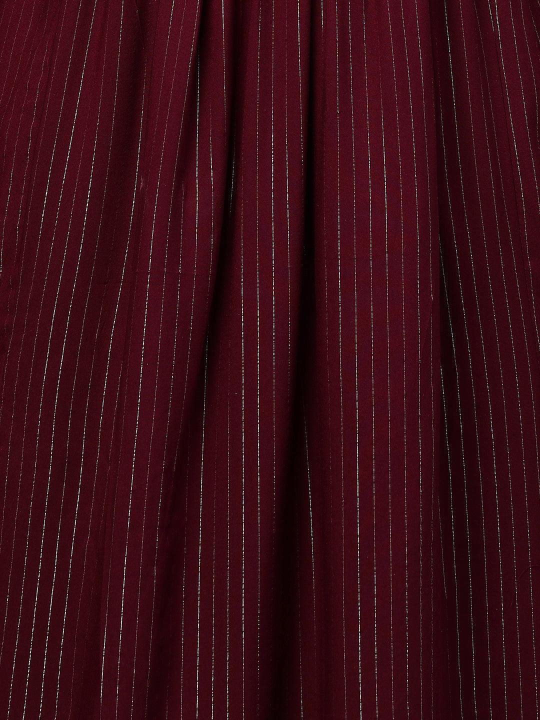 Ethnic Zari Embroidered Lurex Striped Kurta - Burgundy - Indiakreations