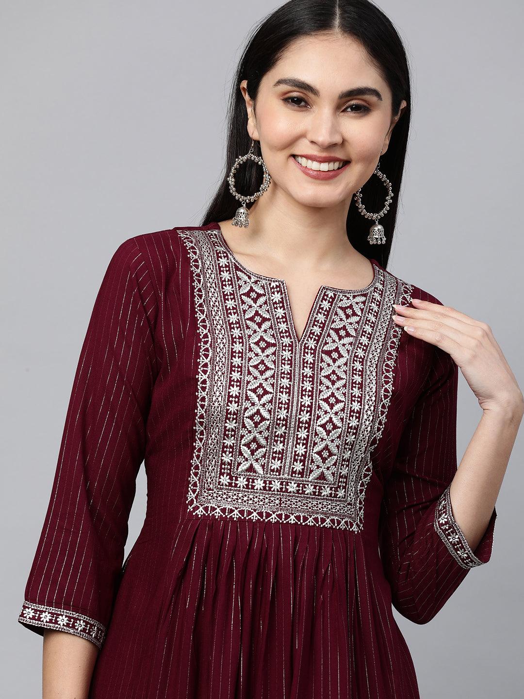 Ethnic Zari Embroidered Lurex Striped Kurta - Burgundy - Indiakreations