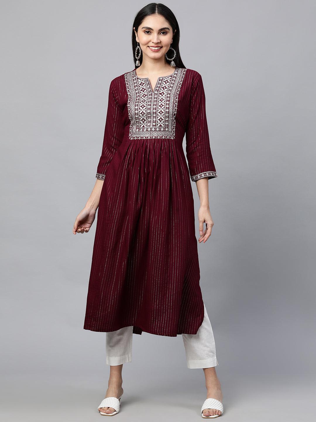 Ethnic Zari Embroidered Lurex Striped Kurta - Burgundy - Indiakreations