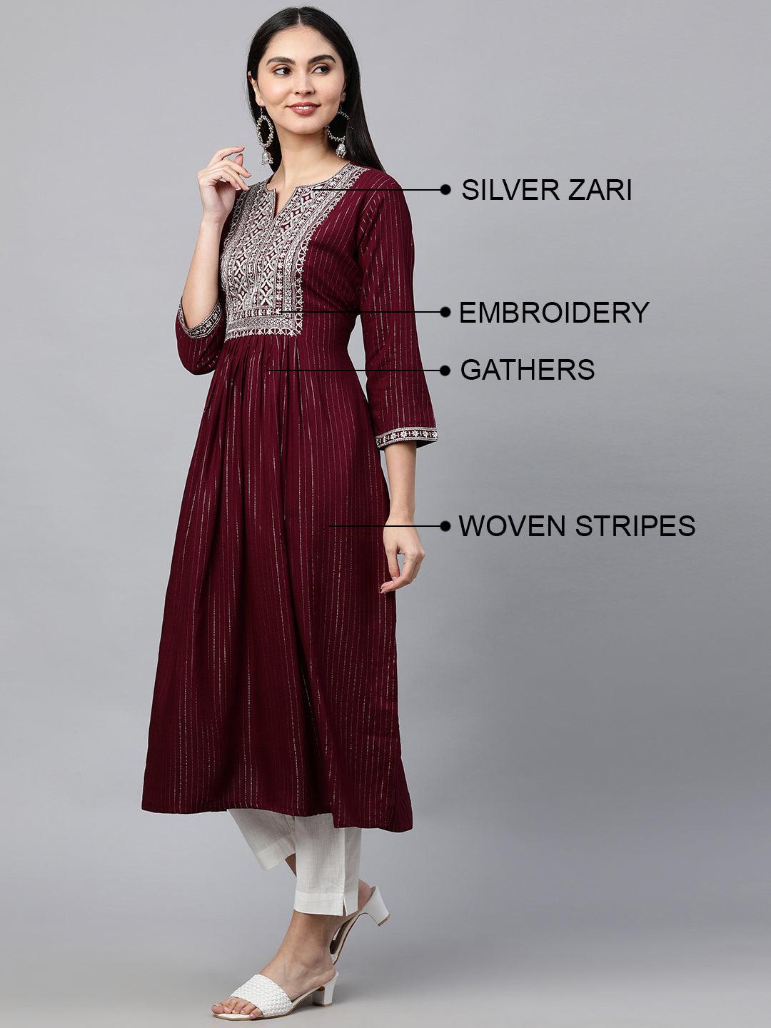 Ethnic Zari Embroidered Lurex Striped Kurta - Burgundy - Indiakreations