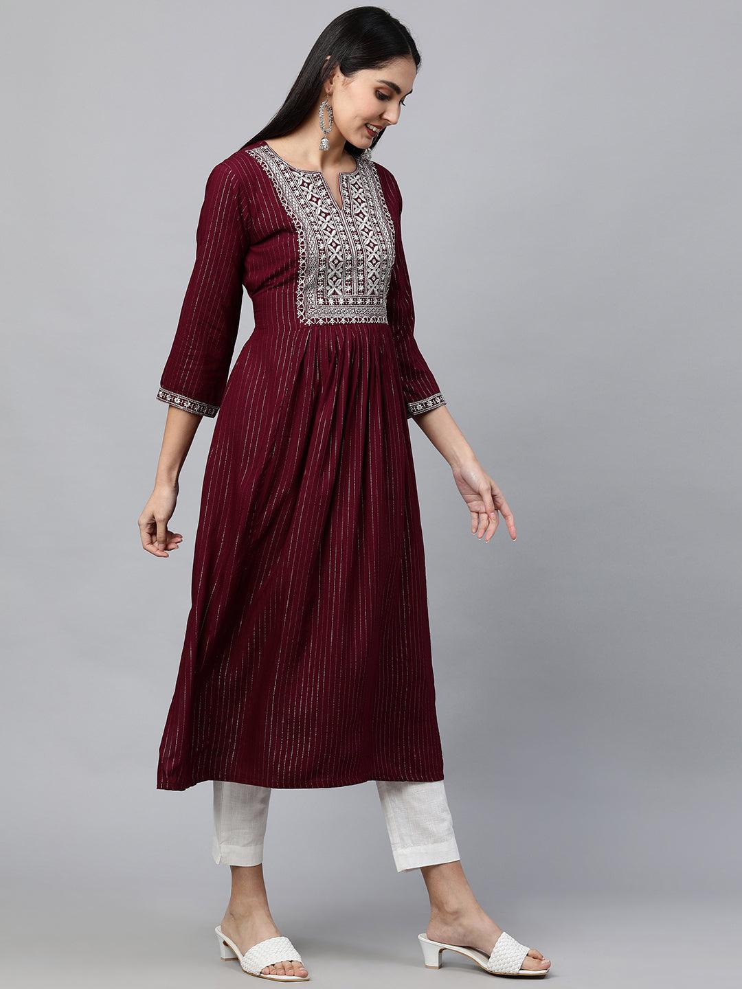 Ethnic Zari Embroidered Lurex Striped Kurta - Burgundy - Indiakreations