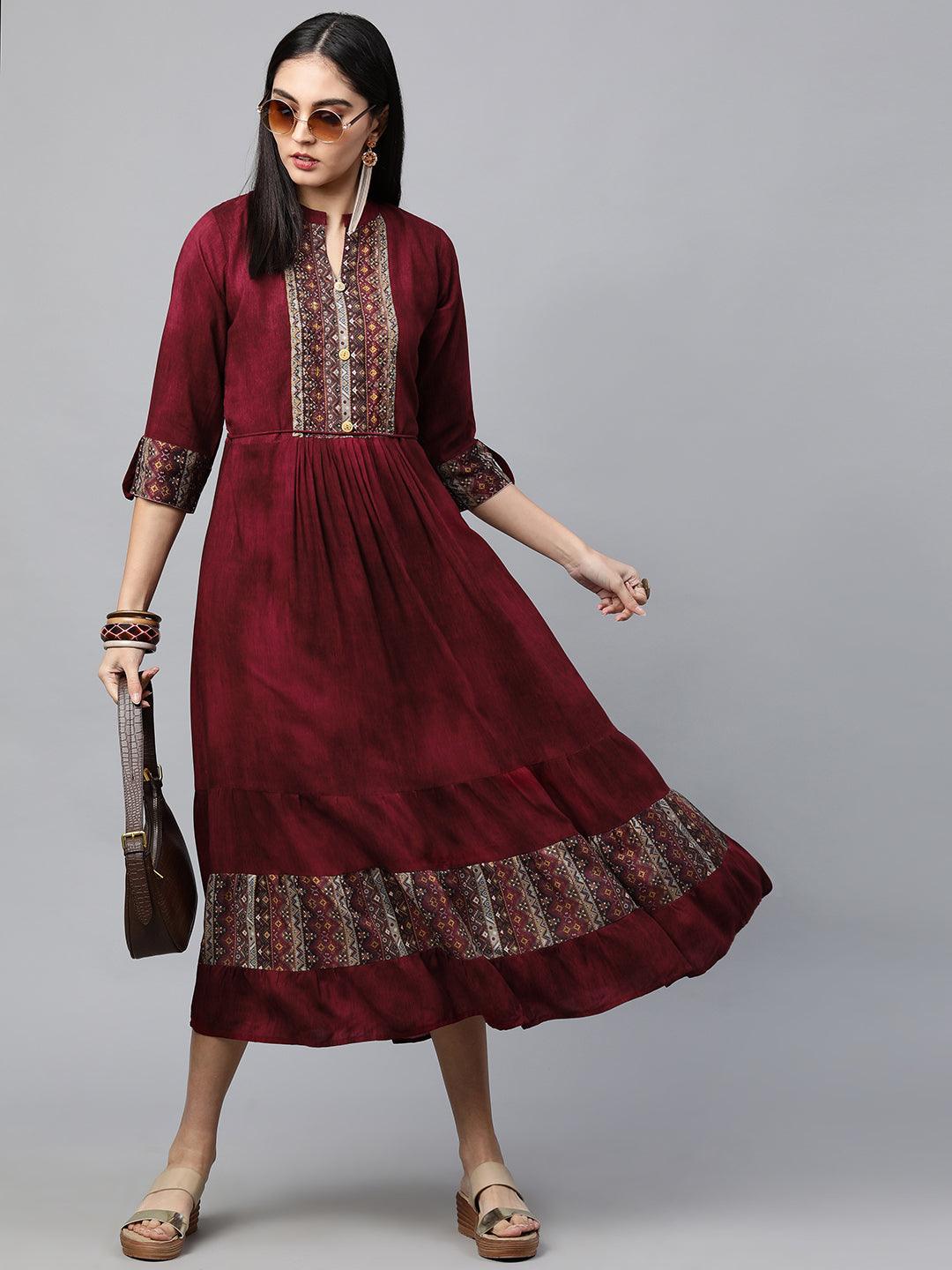 Ethnic Printed & Embellished Maxi Dress - Burgundy - Indiakreations