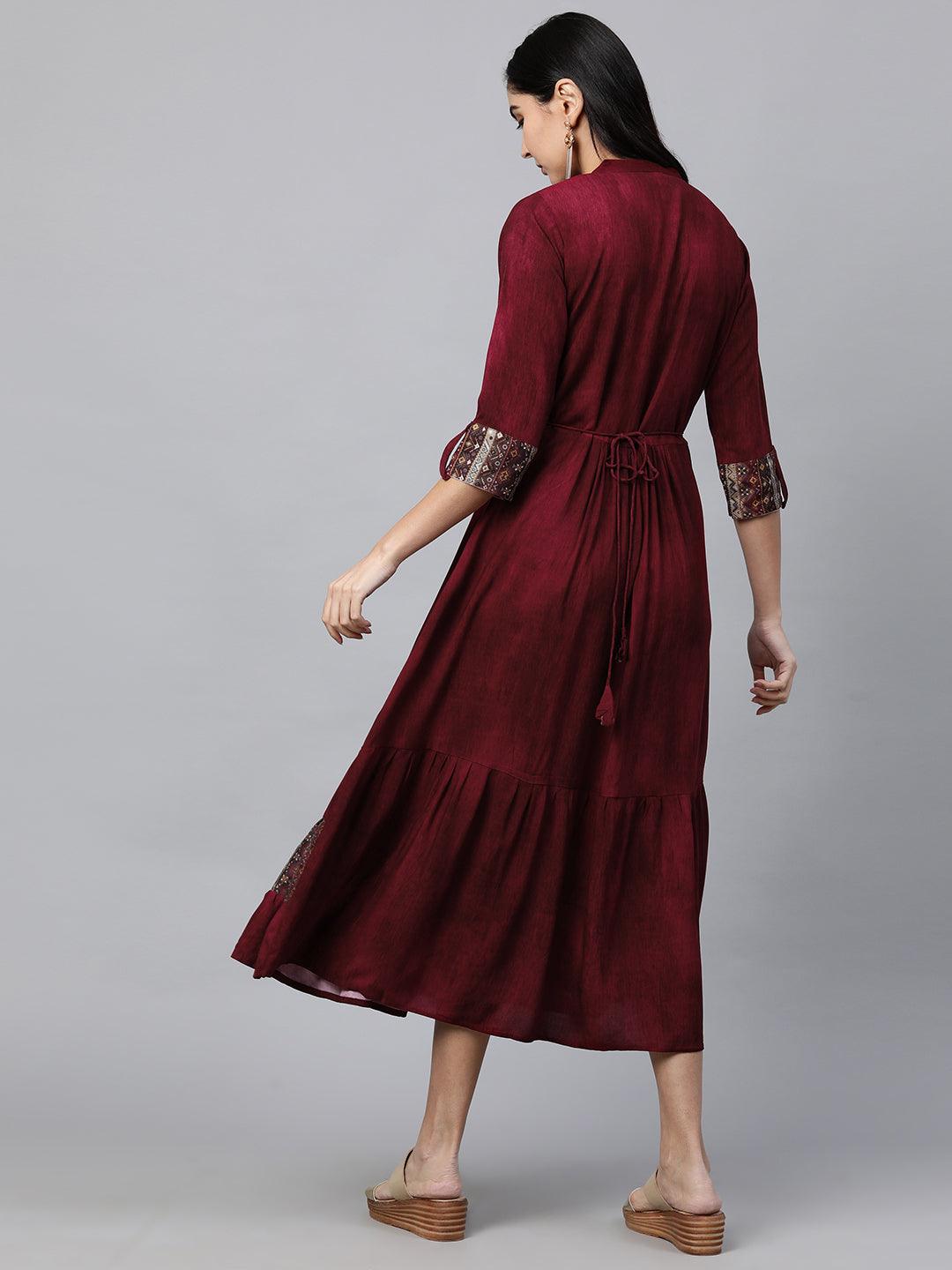 Ethnic Printed & Embellished Maxi Dress - Burgundy - Indiakreations