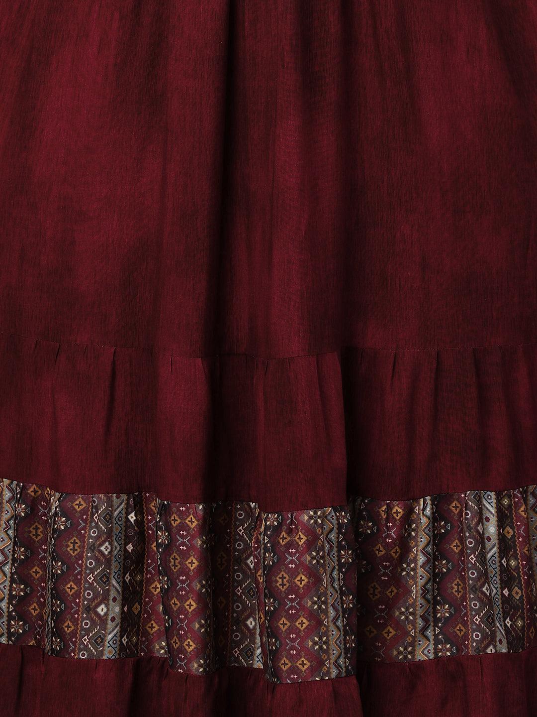 Ethnic Printed & Embellished Maxi Dress - Burgundy - Indiakreations