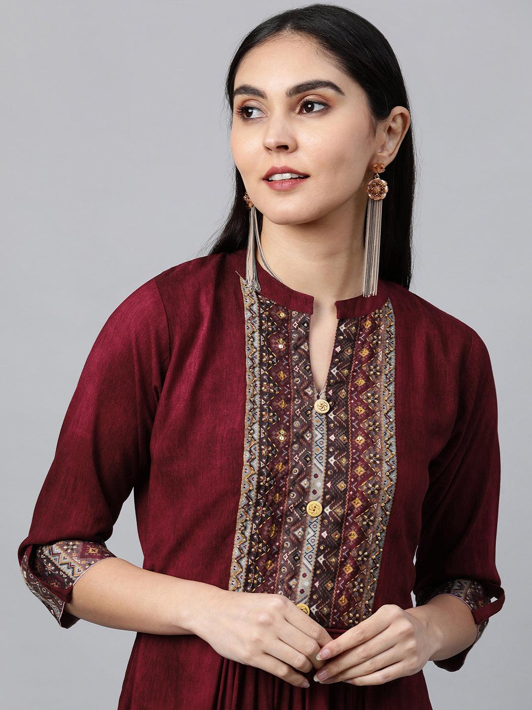 Ethnic Printed & Embellished Maxi Dress - Burgundy - Indiakreations