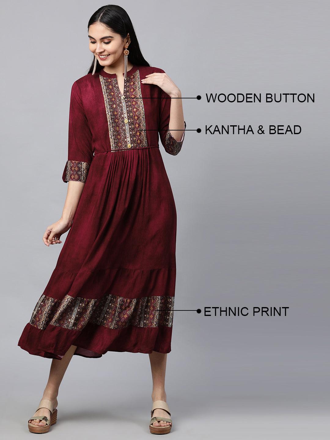 Ethnic Printed & Embellished Maxi Dress - Burgundy - Indiakreations