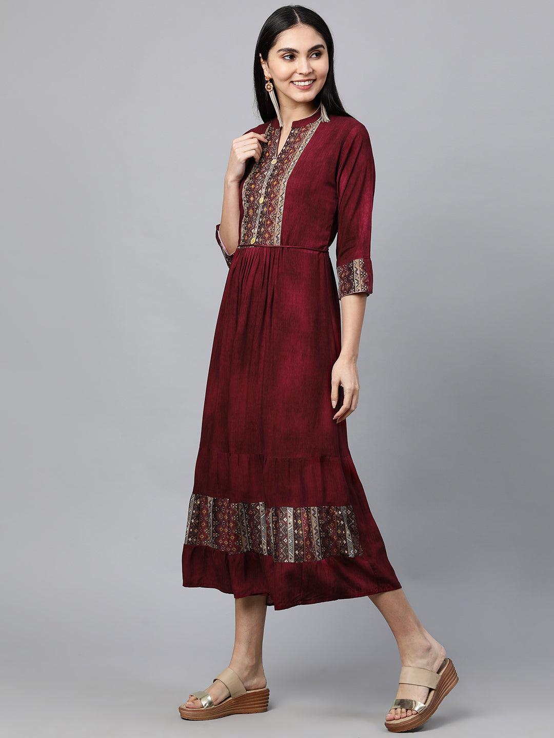 Ethnic Printed & Embellished Maxi Dress - Burgundy - Indiakreations