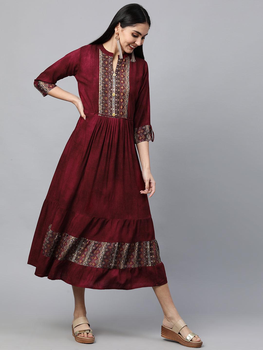 Ethnic Printed & Embellished Maxi Dress - Burgundy - Indiakreations