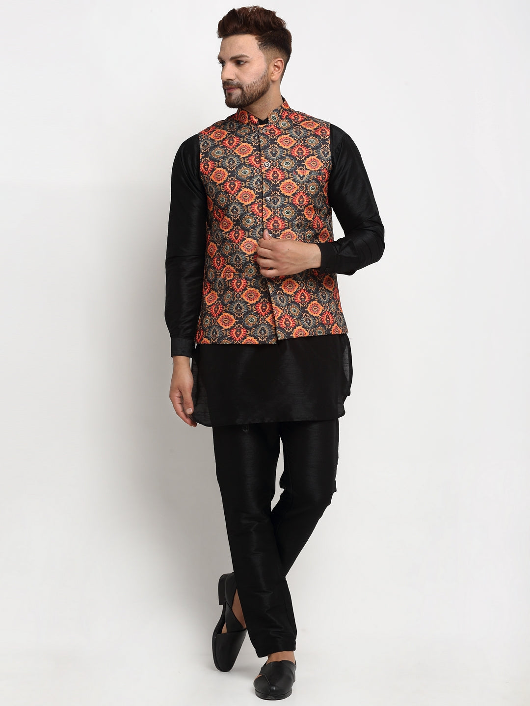 Men's Silk Blend Black Kurta With Pyjama & Black Printed Nehru Jacket - Benstoke