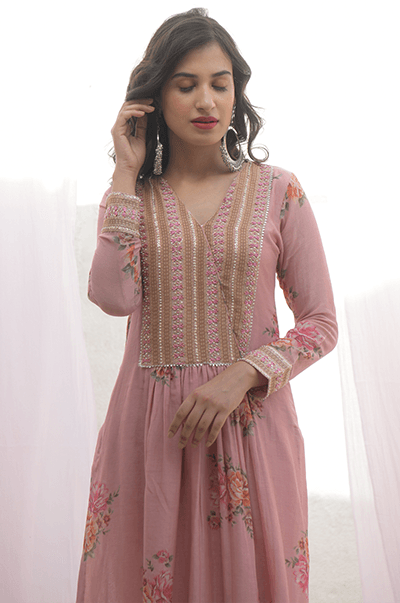 Ambara Soft Pink digital printed yoke kurta with palazzo and mint dupatta - RTS - Indiakreations