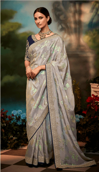 Designer Embroidered Grey Color Occasion Wear Silk Saree - Indiakreations