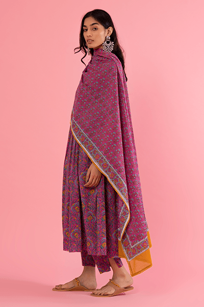 Kapaas (Blockprinted cottons) Fuchsia Pink Floral Hand Block Printed Anarkali with printed Pants and Fuchsia Pink Printed Dupatta - Set of 3 - Indiakreations