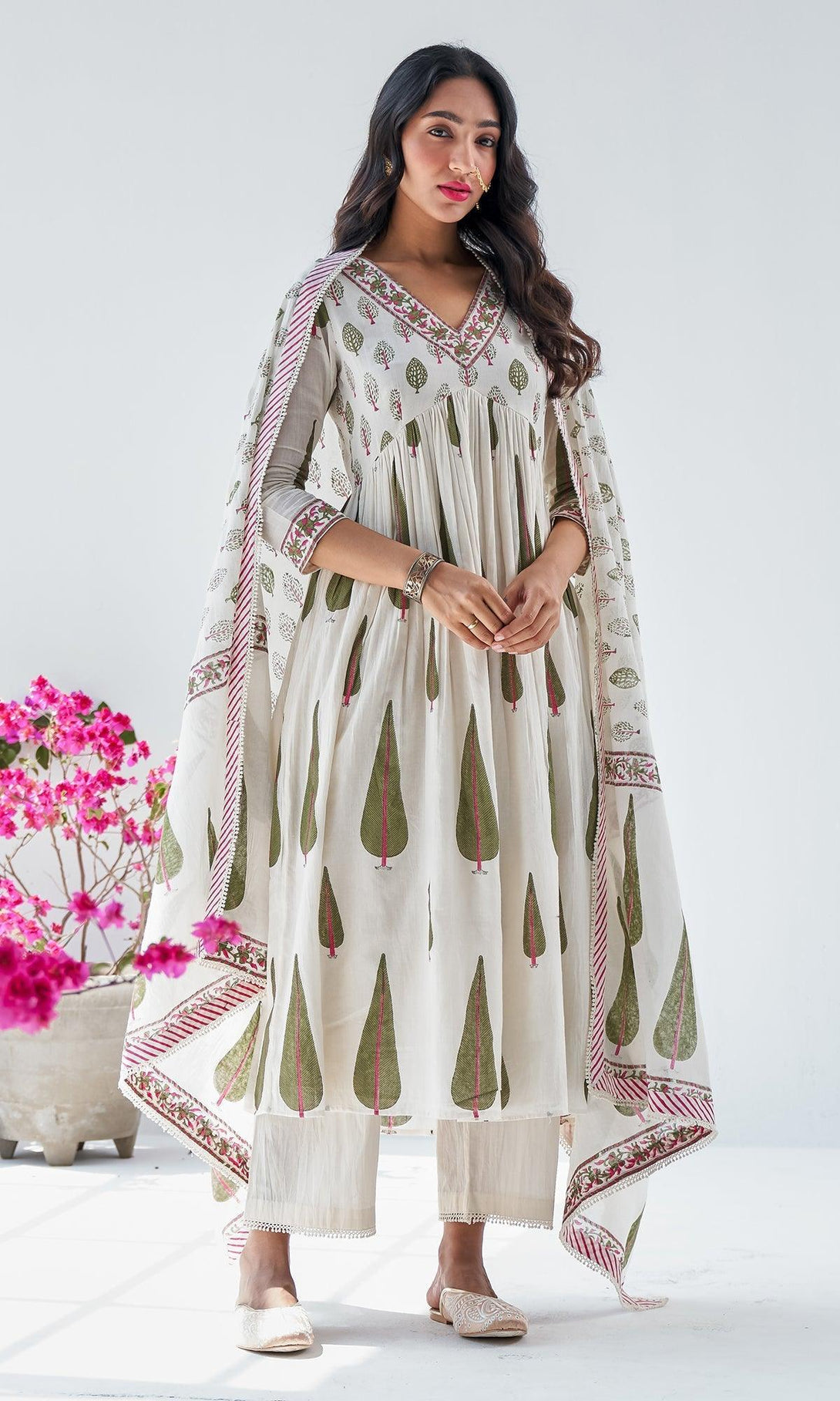 Firdaus Mughals Off White Block Printed Anarkali with Pants and Dupatta - Set of 3 RTS - Indiakreations