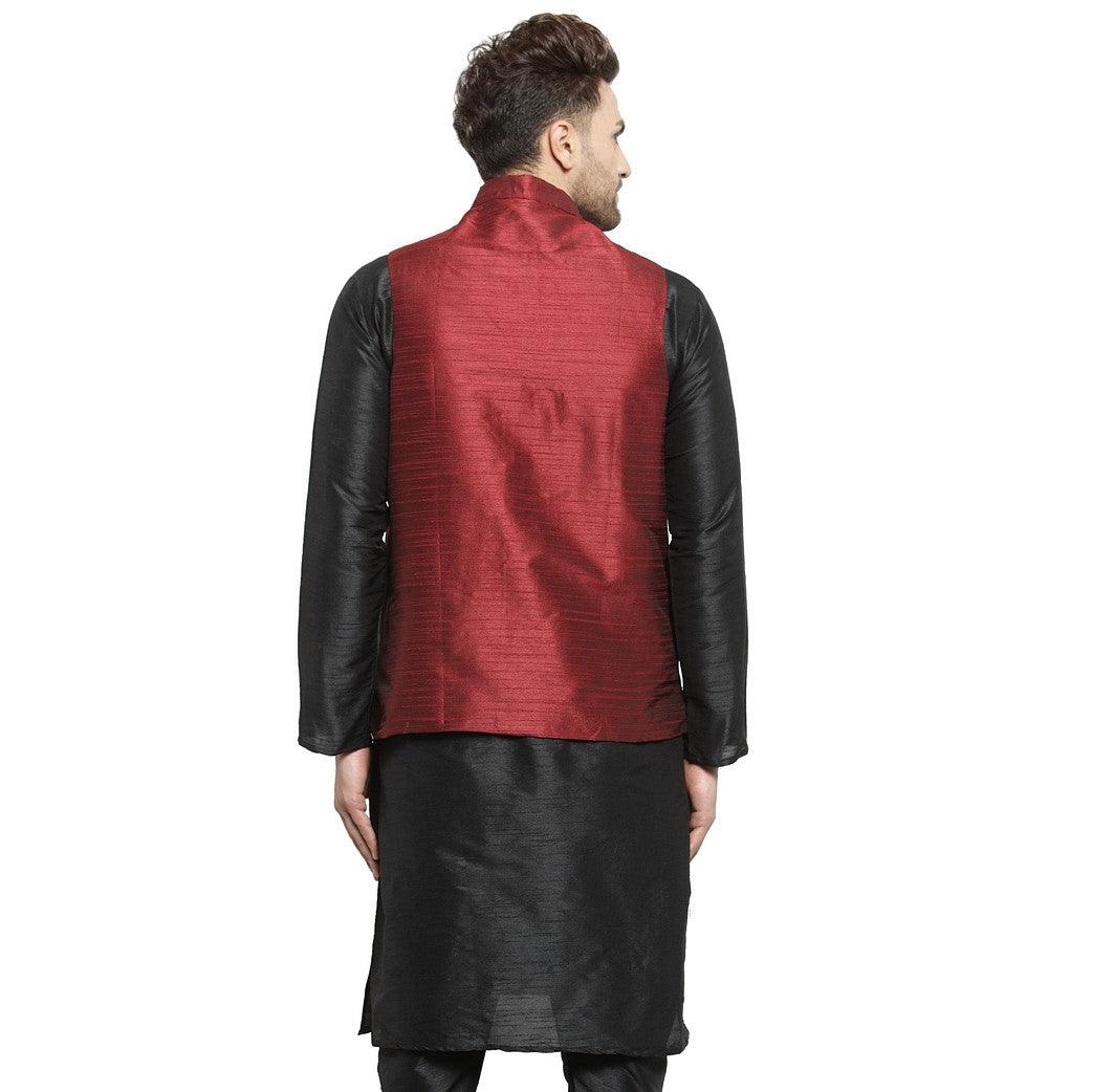 Men's Maroon Solid Nehru Jacket - Benstoke - Indiakreations