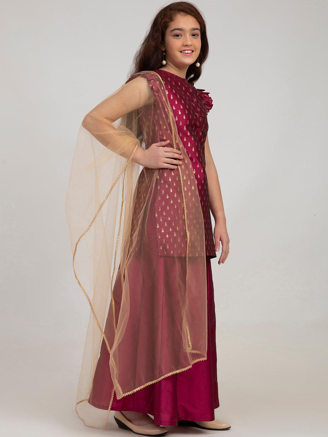 Girl's Burgundy Embroidered Kurta with Sharara & With Dupatta - NOZ2TOZ KIDS - Indiakreations