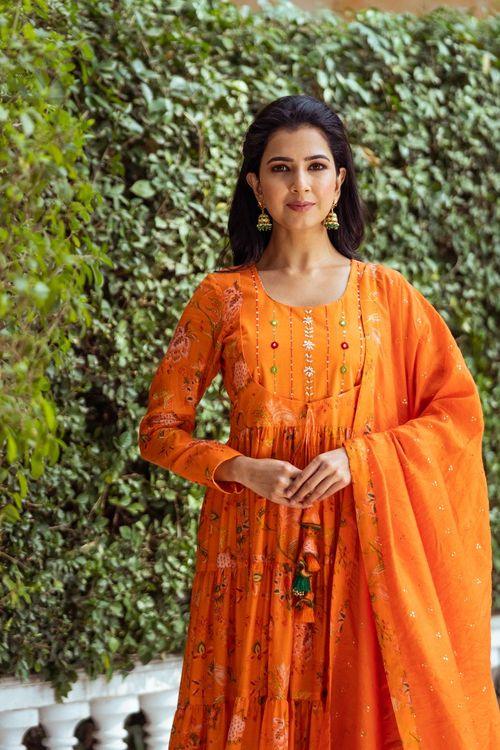 Gulmohar Orange Printed Anarkali Set - Indiakreations