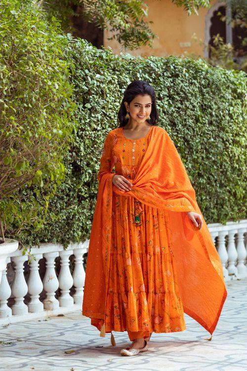 Gulmohar Orange Printed Anarkali Set - Indiakreations