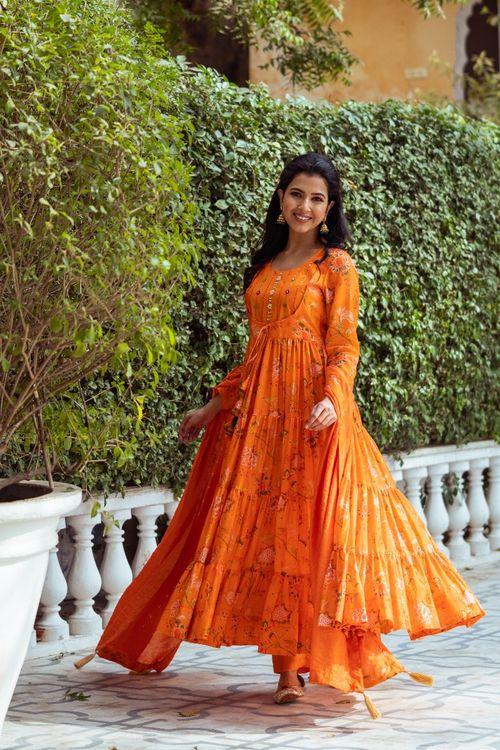 Gulmohar Orange Printed Anarkali Set - Indiakreations