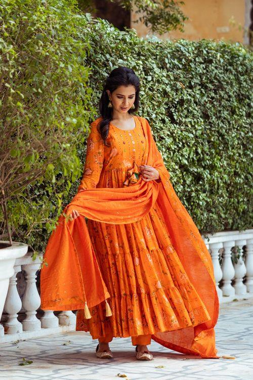 Gulmohar Orange Printed Anarkali Set - Indiakreations