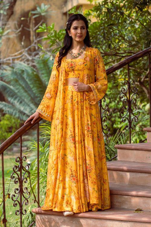 Yellow Printed Jacket Set - Indiakreations