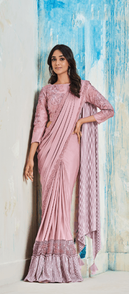 Embroidered Work Contemporary Style Lycra Saree In Pink - Indiakreations