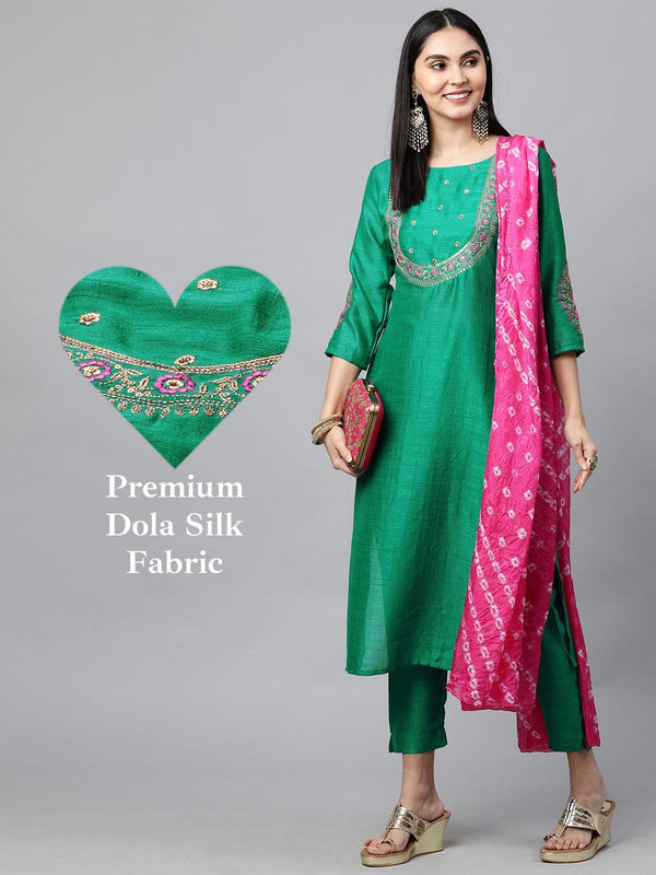 Floral Embroidered Kurta with Solid Pant with Bandhani Dupatta - Green - Indiakreations