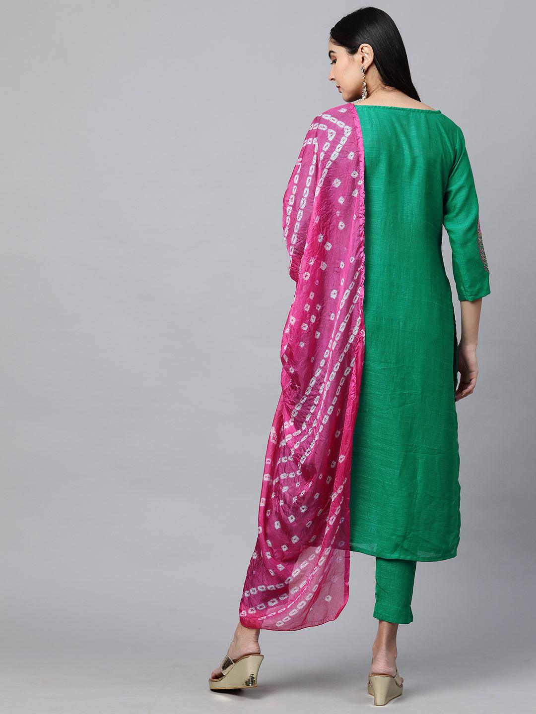 Floral Embroidered Kurta with Solid Pant with Bandhani Dupatta - Green - Indiakreations