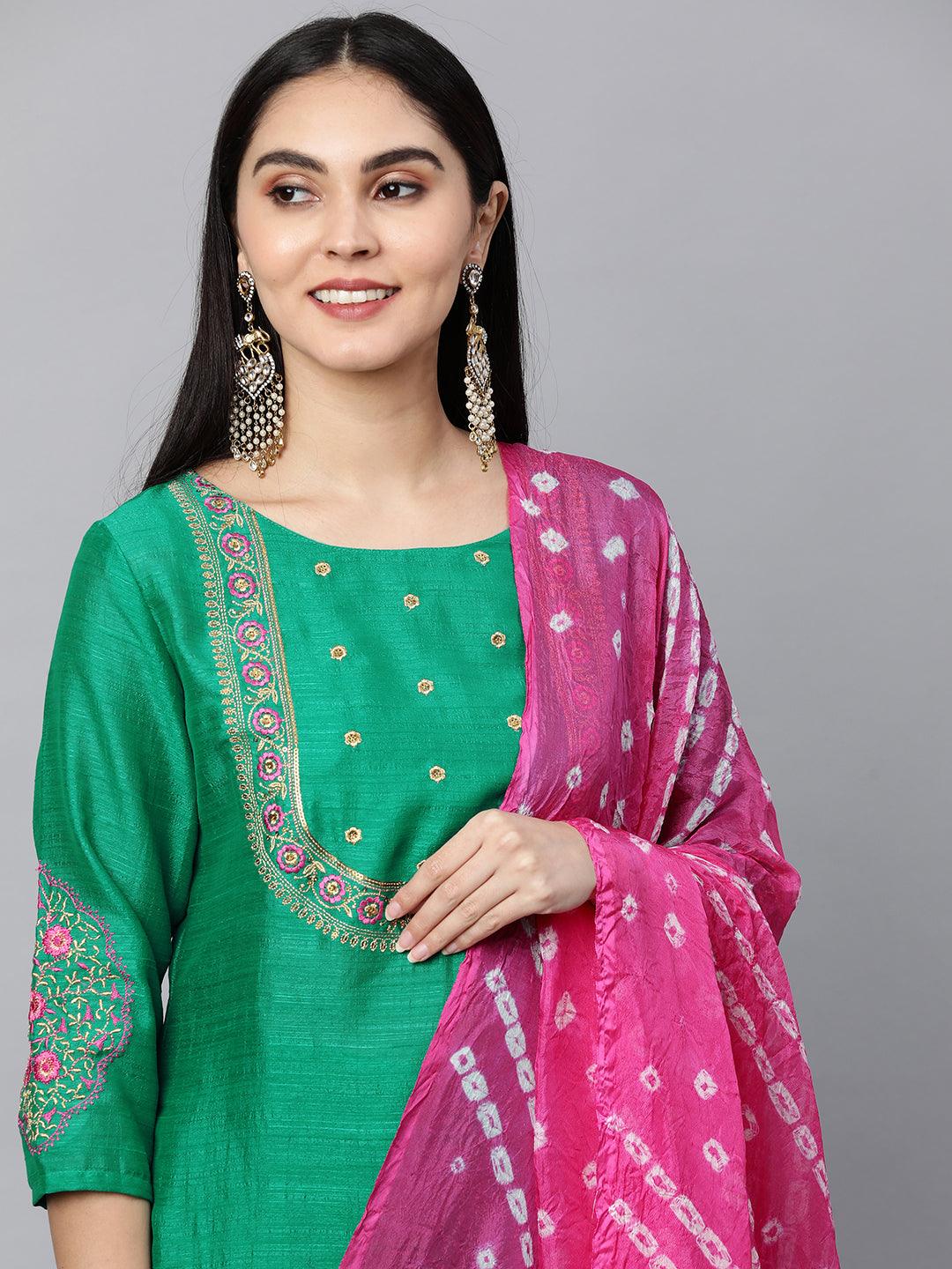 Floral Embroidered Kurta with Solid Pant with Bandhani Dupatta - Green - Indiakreations