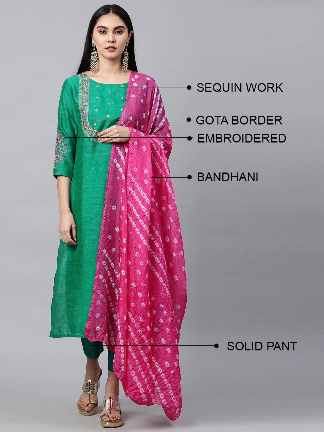 Floral Embroidered Kurta with Solid Pant with Bandhani Dupatta - Green - Indiakreations